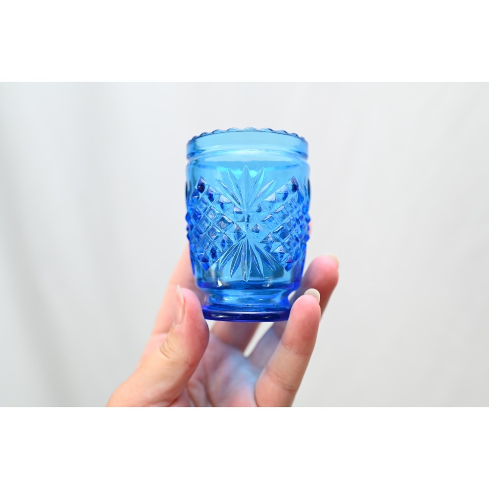 Vintage Blue Diamond Cut Glass Toothpick Holder Starburst Pattern 3 Inch